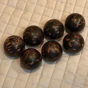 Set of 7 Black Decorative Spheres with Gold Floral Design
